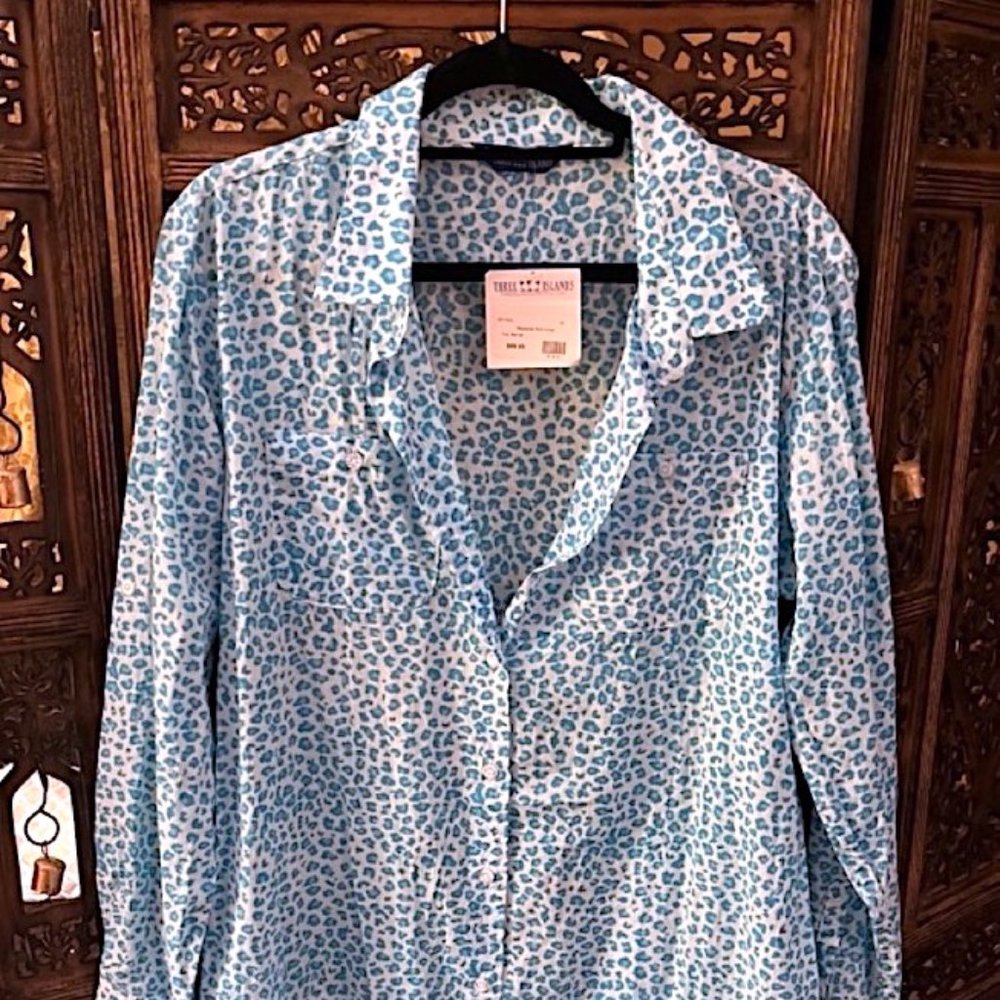 NWT THREE ISLANDS GASPARILLA TURQUOISE SEA KAT LEOPARD BUTTON DOWN DRESS XL